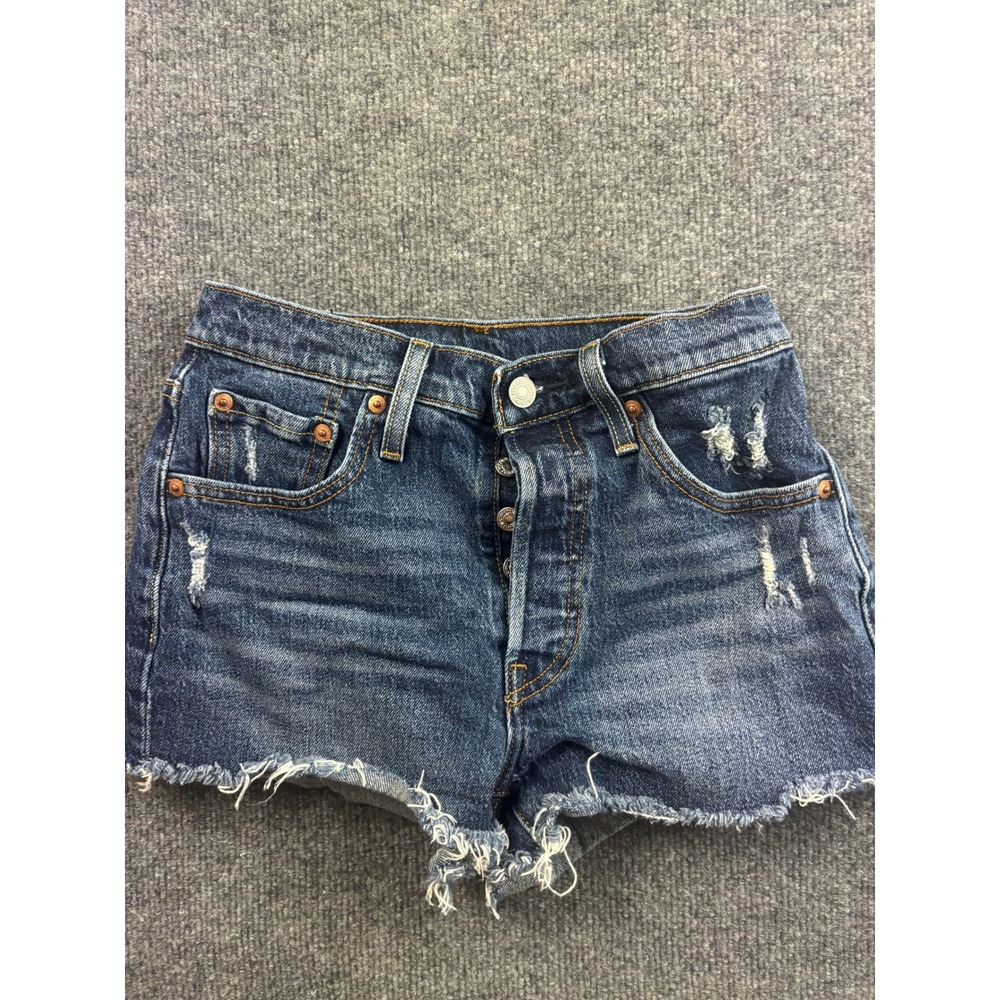 Levi's 501 Original Shorts Women 25 Blue Distressed‎ High Rise Button Fly Denim